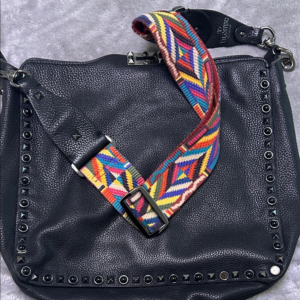 Valentino Black Shoulder Bag with Colorful Geometric Strap